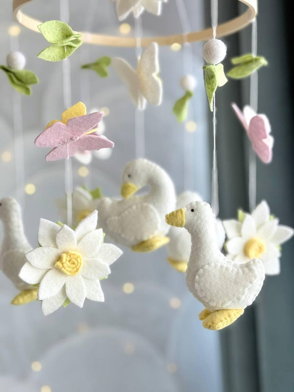 Geese with Flowers Baby Mobile — Nursery Mobile with Flowers, Butterflies and Geese — Cute Baby Shower Gift