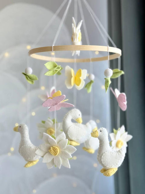 Geese with Flowers Baby Mobile — Nursery Mobile with Flowers, Butterflies and Geese — Cute Baby Shower Gift