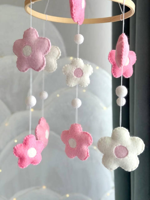 Pink Floral Baby Mobile – Felt Daisy Crib Mobile – Baby Girl Nursery Decor & Shower Gift