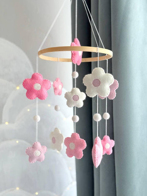 Pink Floral Baby Mobile – Felt Daisy Crib Mobile – Baby Girl Nursery Decor & Shower Gift