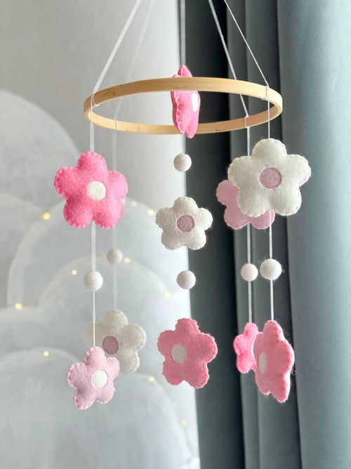Pink Floral Baby Mobile – Felt Daisy Crib Mobile – Baby Girl Nursery Decor & Shower Gift