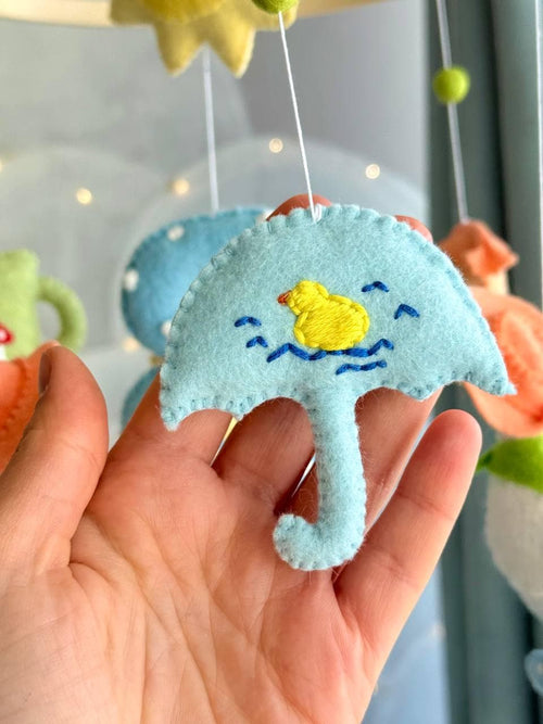 Handmade felt Personalized Goose Mobile hanging from a wooden hoop