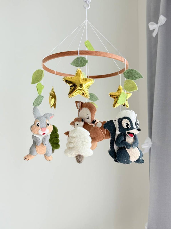 Handmade felt Woodland Mobile — Fox & Owl hanging from a wooden hoop