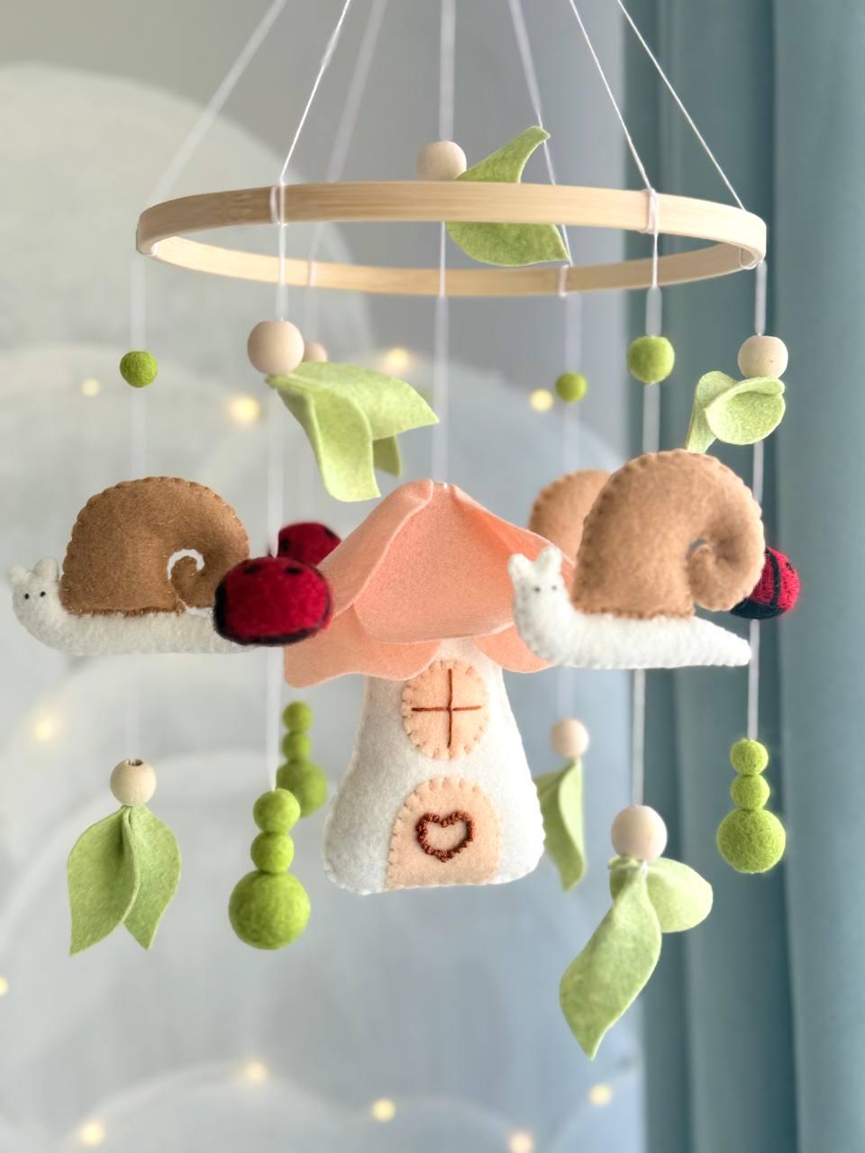 Enchanted Forest with Felt Snail and Mushroom Baby Mobile