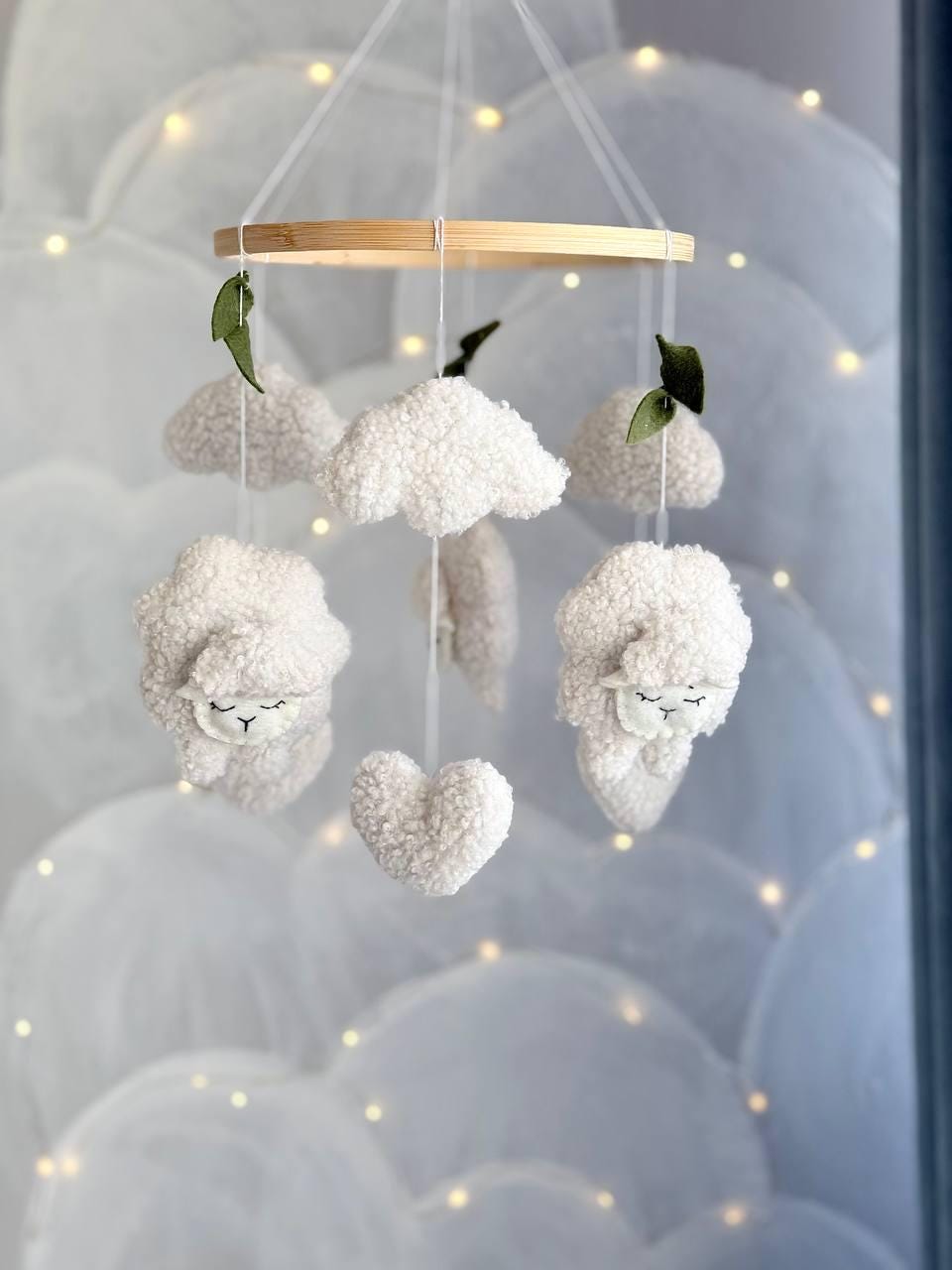 Boucle Sheep Baby Mobile with Clouds