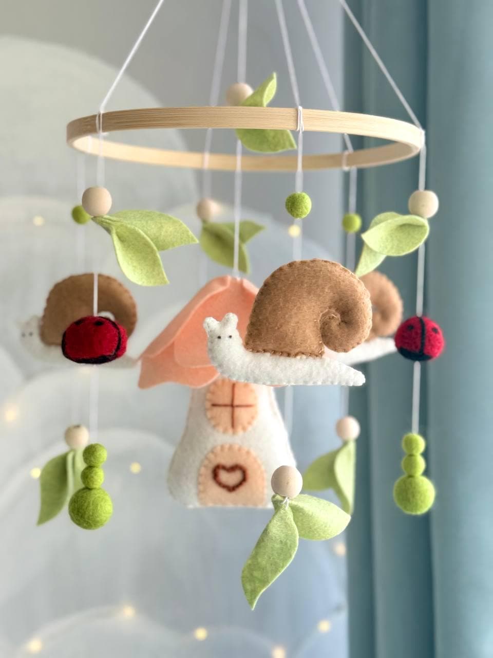 Enchanted Forest with Felt Snail and Mushroom Baby Mobile