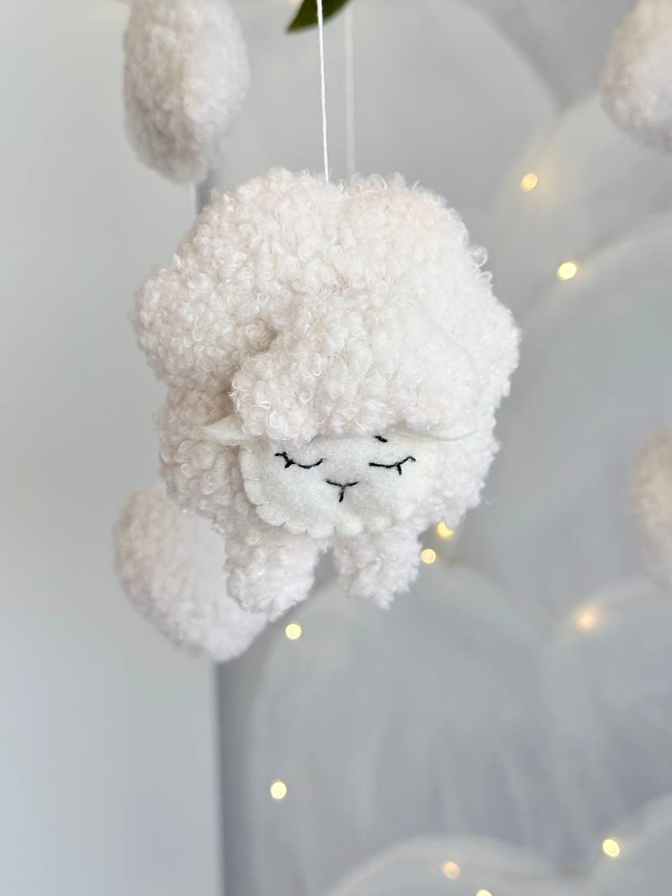 Boucle Sheep Baby Mobile with Clouds
