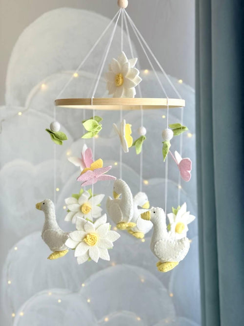 Geese with Flowers Baby Mobile  — Nursery Mobile with Flowers, Butterflies and Geese — Cute Baby Shower Gift