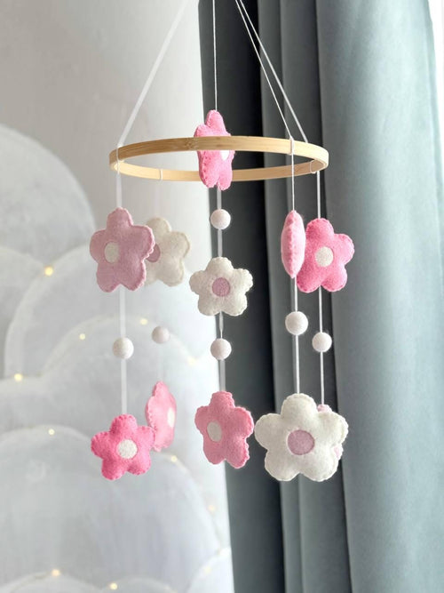 Pink Floral Baby Mobile – Felt Daisy Crib Mobile – Baby Girl Nursery Decor & Shower Gift