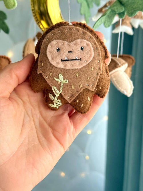 Handmade felt Forest Animals Baby Mobile hanging from a wooden hoop