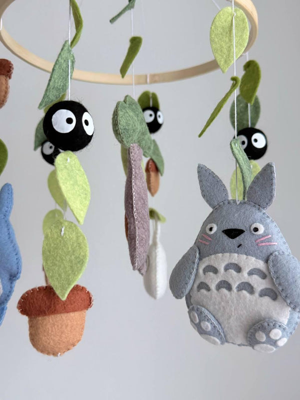 Handmade felt Kawaii Baby Mobile hanging from a wooden hoop