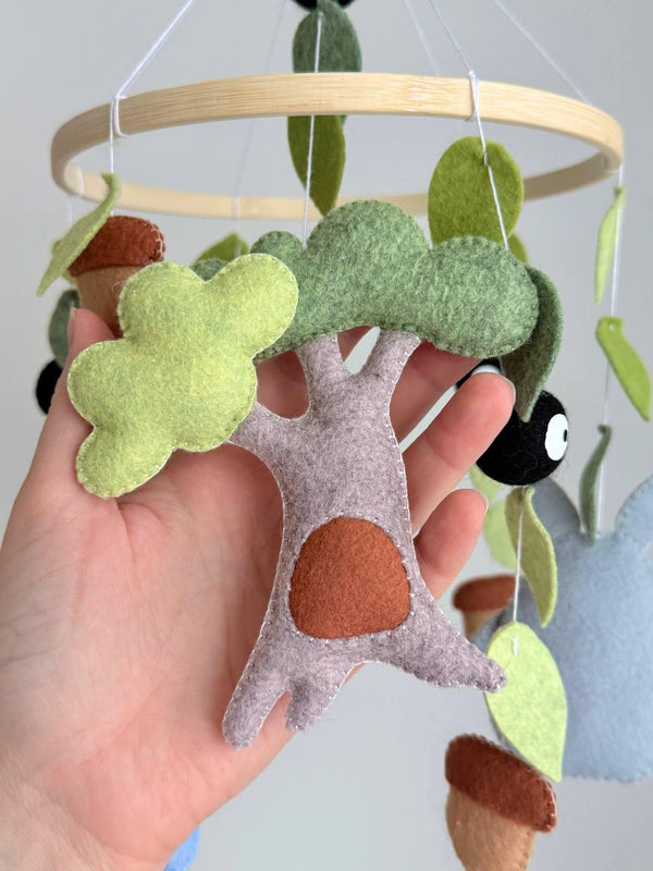 Handmade felt Kawaii Baby Mobile hanging from a wooden hoop