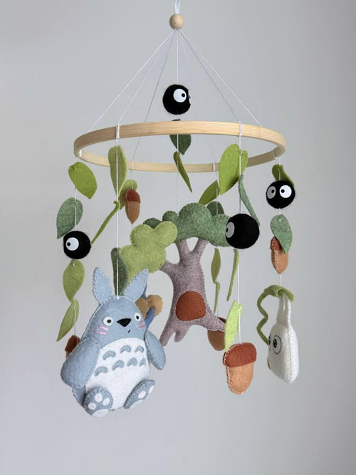 Handmade felt Kawaii Baby Mobile hanging from a wooden hoop