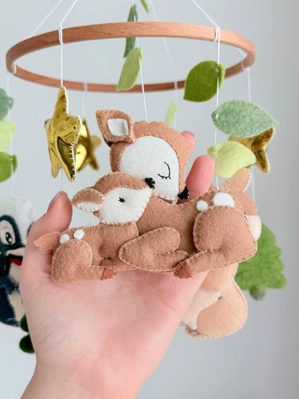Handmade felt Woodland Mobile — Fox & Owl hanging from a wooden hoop