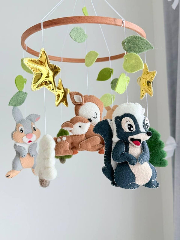 Handmade felt Woodland Mobile — Fox & Owl hanging from a wooden hoop